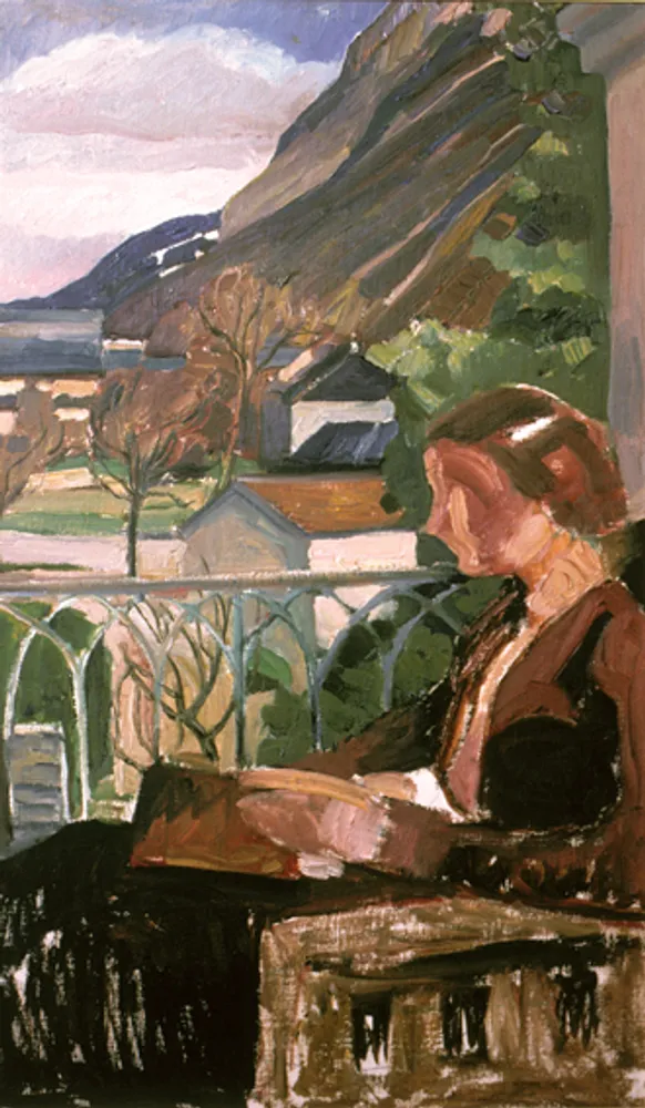 Corinna Bille lisant sur la terrasse du Paradou