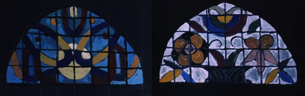 Eglise abbatiale de St-Maurice, deux études pour des vitraux en forme de lunettes.