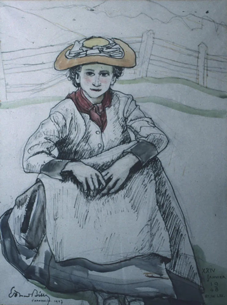 Paysanne de Chandolin assise dans un pré